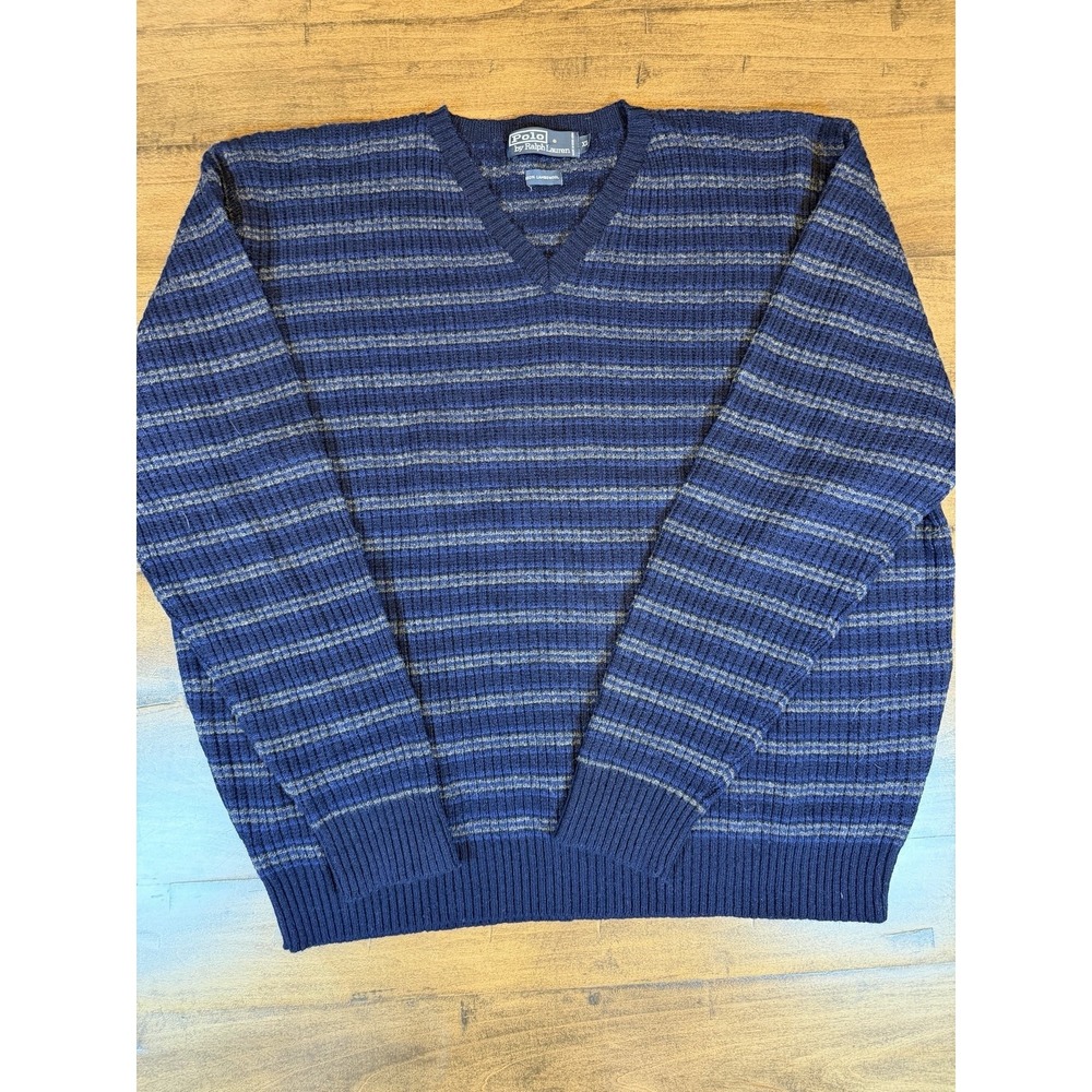 Ralph Lauren VINTAGE V-Neck Men's Lambswool Sweater, Navy Blue, Size XL‎